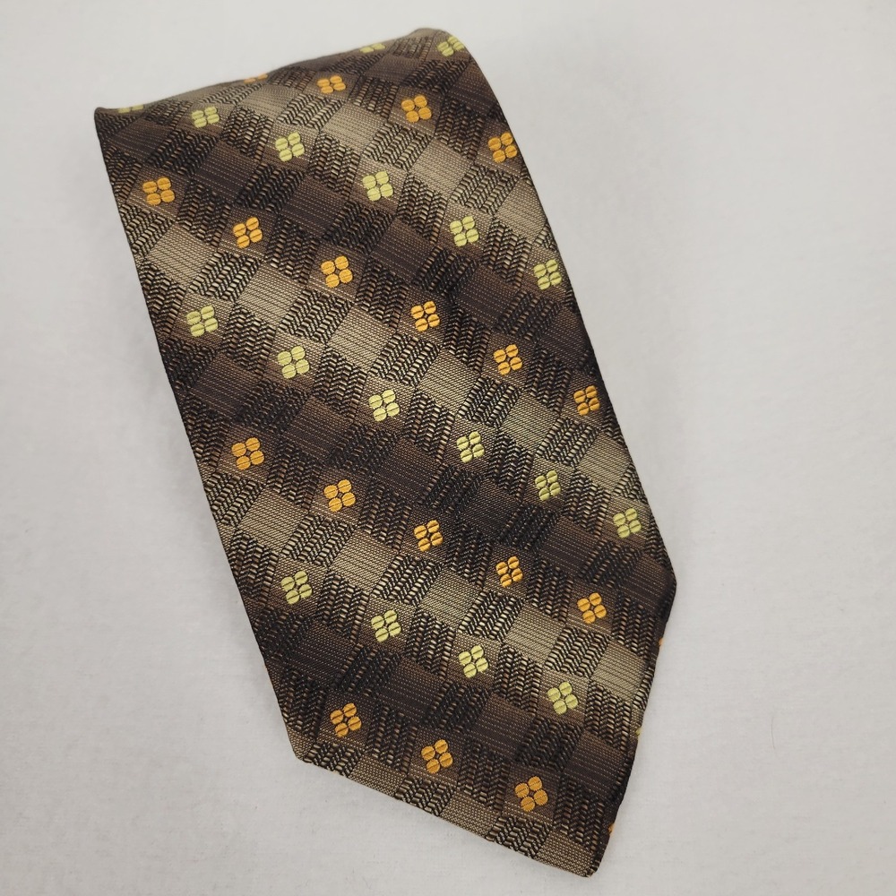 NWT Vintage Guy Laroche Silk Tie Brown Checkered Geometric Designer Necktie